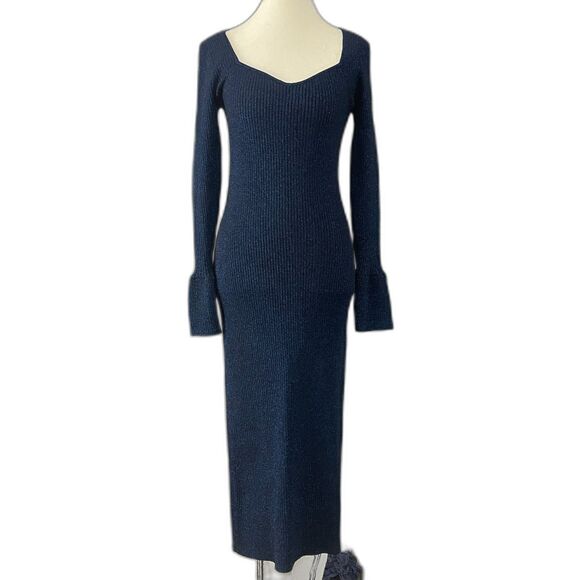 LOFT Navy Metallic Ribbed Knit Sweater Dress Long Sleeve Sz Sm NEW YEAR'S EVE - Picture 2 of 11